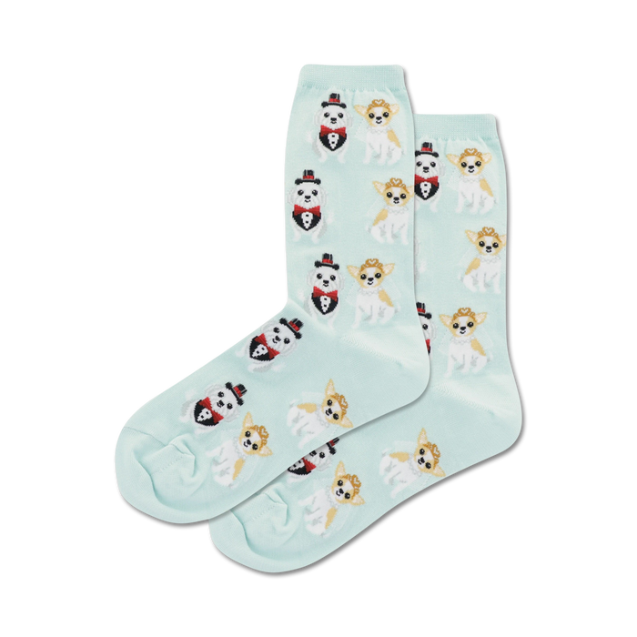 Pair of pastel green crew socks featuring a repeating pattern of illustrated Chihuahuas dressed in wedding attire. }}
