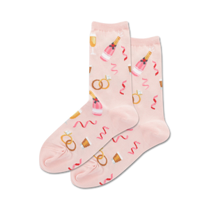 Pair of women's crew socks in pink and light blue. Features champagne bottles, wedding rings, and confetti.