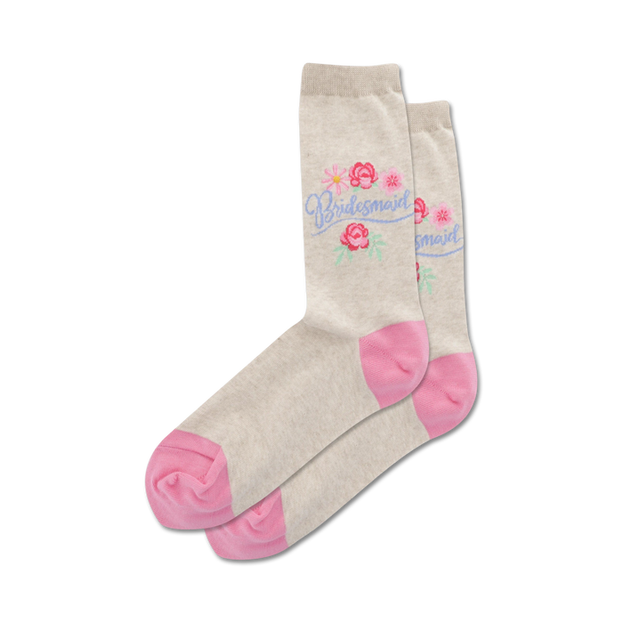 beige crew socks with the text bridesmaid in blue surrounded by flowers.  }}