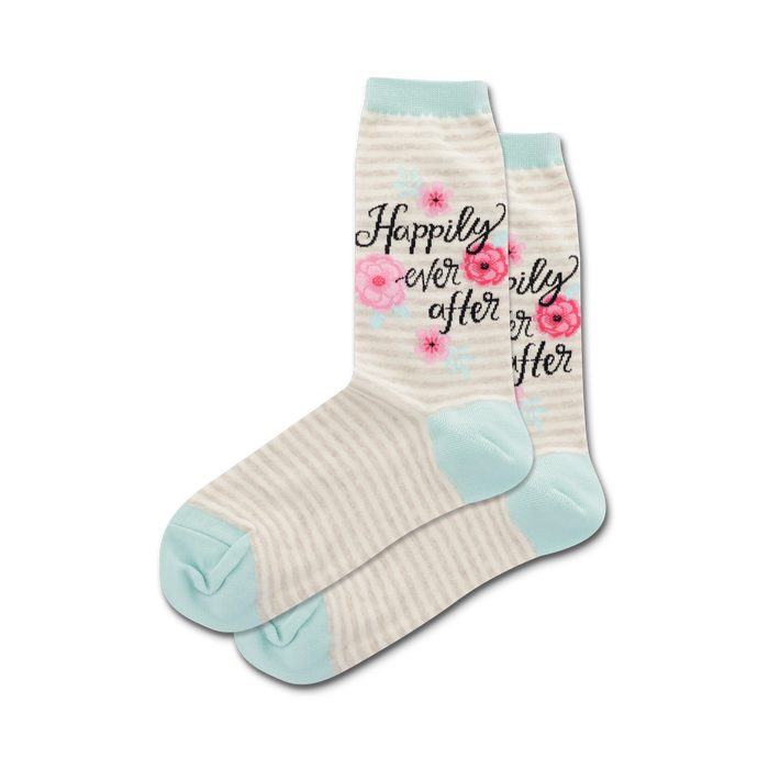 white and powder blue striped women's crew socks with pink and green floral designs and 