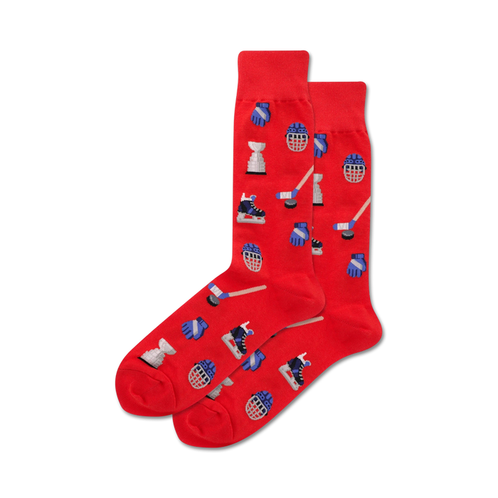 Pair of red crew socks with a hockey-themed pattern. The pattern includes hockey sticks, pucks, goalie masks, and skates in blue.