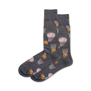 Close-up of a pair of grey crew socks with basketball and hoop pattern.