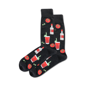 Pair of crew socks on black background.  The socks are black with a repeating pattern of Bloody Marys, olives, and vodka bottles.