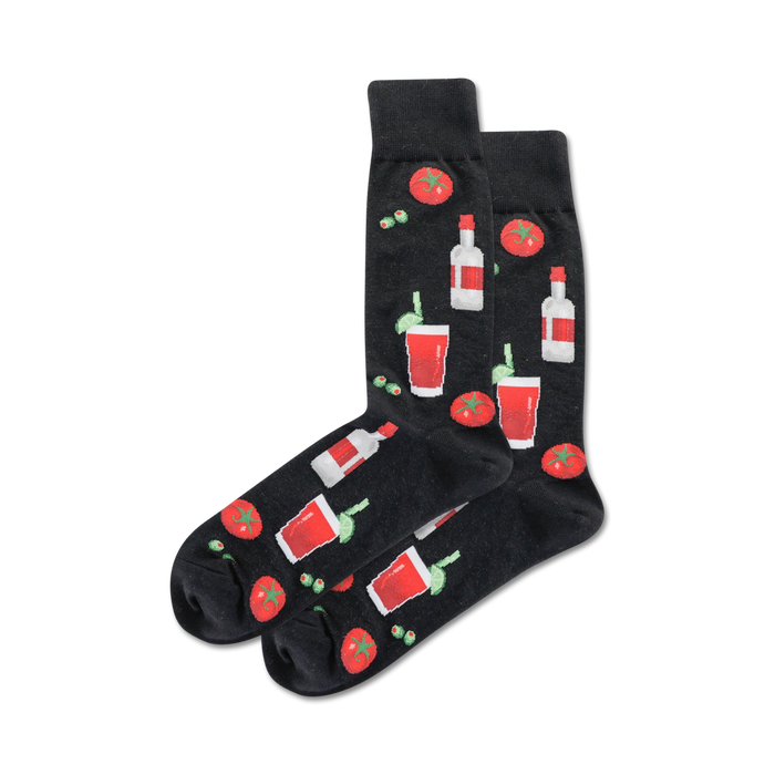 black crew socks for men with a bloody mary pattern of red circles, white circles, green circles, black circles, and small red circles.  