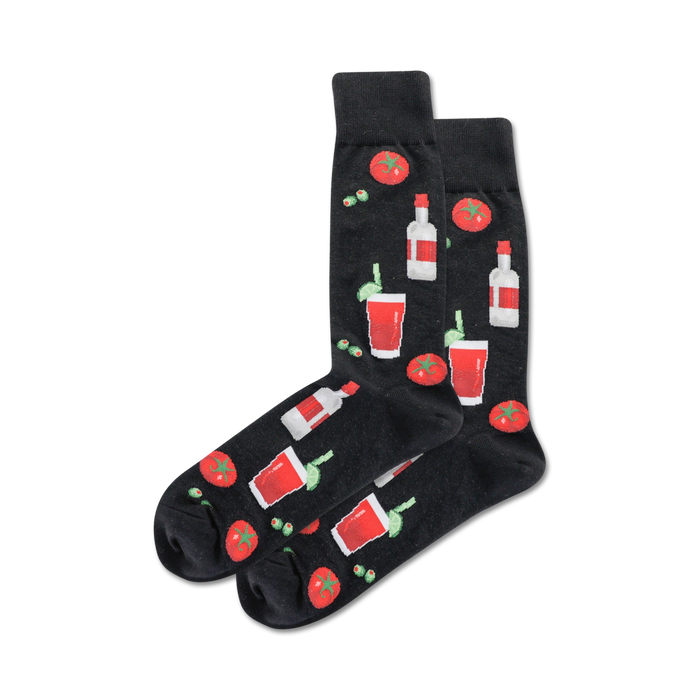 Pair of crew socks on black background.  The socks are black with a repeating pattern of Bloody Marys, olives, and vodka bottles.