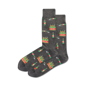 Six Pack of men's crew socks. Grey and beige socks feature a repeating pattern of pixelated beer bottles and six-packs.