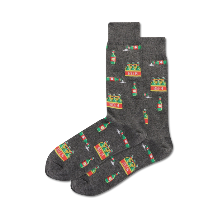 gray men's crew socks with green beer bottle design in six-pack configuration with red caps - six pack theme. 