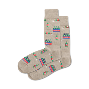 Lifestyle shot showing a person wearing a pair of the beige beer socks.