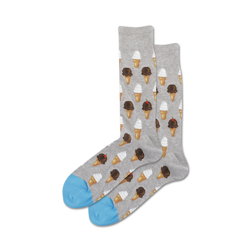 Pair of crew socks with ice cream cone pattern. Grey socks have light grey background, chocolate and vanilla cones, and light blue toe and heel.