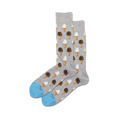 Pair of crew socks with ice cream cone pattern. Grey socks have light grey background, chocolate and vanilla cones, and light blue toe and heel.