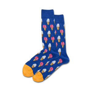 Lifestyle shot of the blue Ice Cream socks with orange heel and toe being modeled.