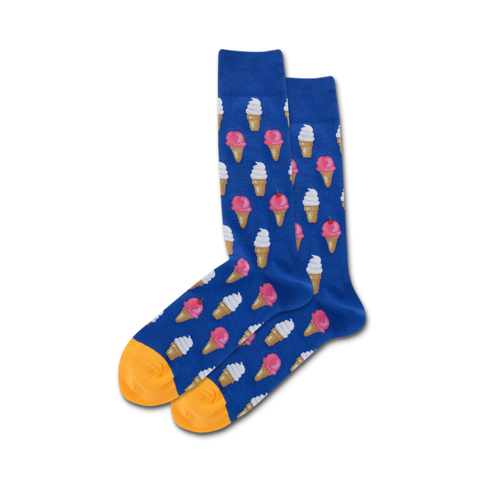 Lifestyle shot of the blue Ice Cream socks with orange heel and toe being modeled.