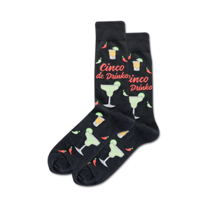 Pair of black crew socks with a fun Cinco de Mayo design. Features margaritas, chili peppers, and the text 'Cinco de Drinko'.