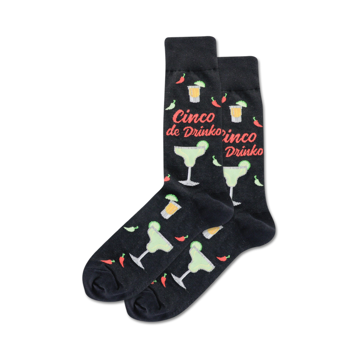 Pair of black crew socks with a fun Cinco de Mayo design. Features margaritas, chili peppers, and the text 'Cinco de Drinko'.