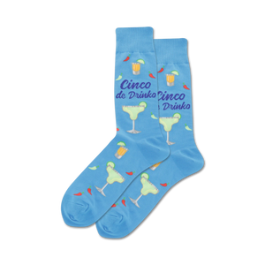 Lifestyle shot showing the blue Cinco de Drinko socks on a person's feet.