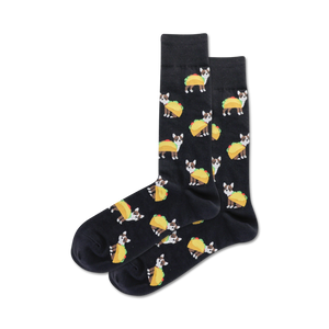 Pair of black crew socks featuring a repeating pattern of Chihuahuas dressed as tacos.