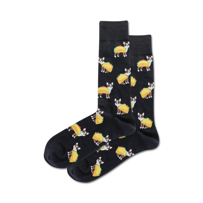 taco terrier crew socks: black socks with an illustrated pattern featuring cartoon tacos being worn as ponchos by terrier dogs.  