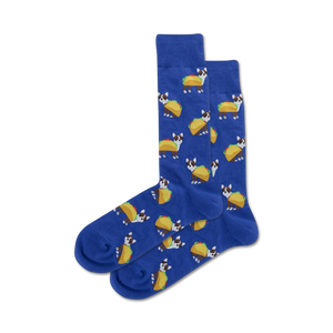 blue taco terrier socks in crew length with silly cartoon tacos wrapped like costumes on terrier dogs.   
