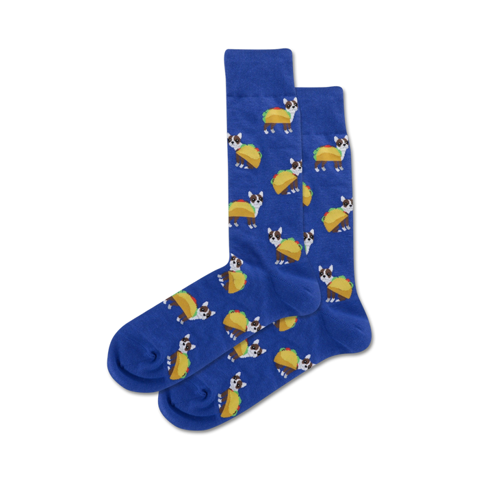 Lifestyle shot showcasing blue Taco Terrier socks on a model's feet.