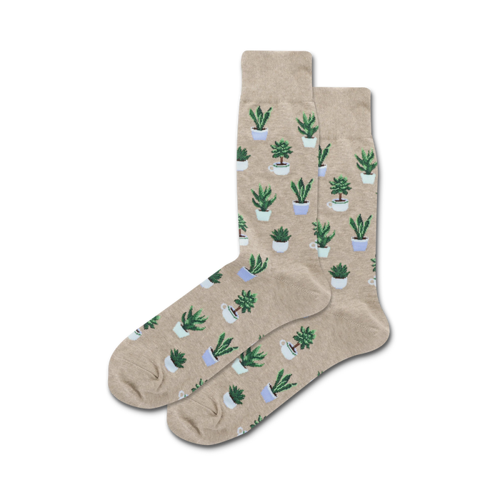 beige crew socks with green, white, and brown succulent patterns in white, gray, and blue pots.    }}