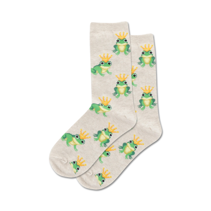 alt-text description: these light gray kids' crew socks feature an allover pattern of cartoon frogs wearing yellow crowns.   }}