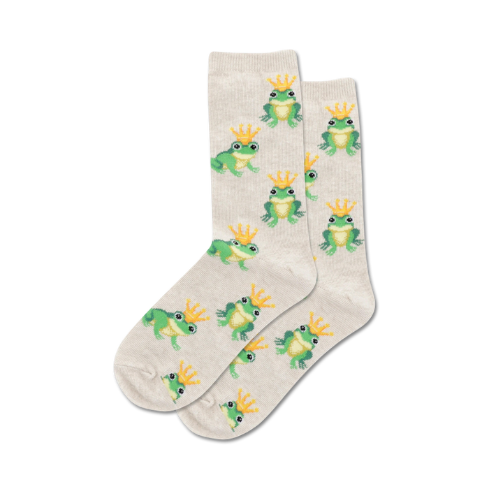 Pair of beige crew socks featuring a repeating pattern of green frogs wearing gold crowns. }}