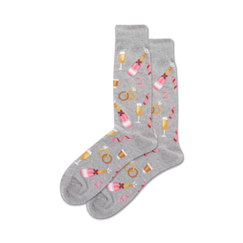 mens gray crew socks with a pattern of champagne bottles, flutes, wedding rings, and ribbons.  