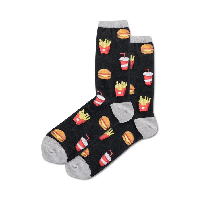 Pair of black crew socks with a fun burger, fries, and soda design. Red, yellow, and grey accents on the black background. }}