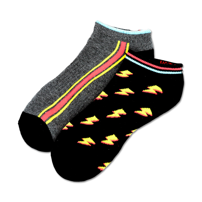 black funky no-show 2-pack cotton women's sock features a vibrant lightning bolt pattern in yellow, red, and blue.  