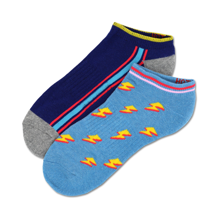  blue mismatched socks featuring red, light blue and yellow lightning bolts. no show length designed for women.  