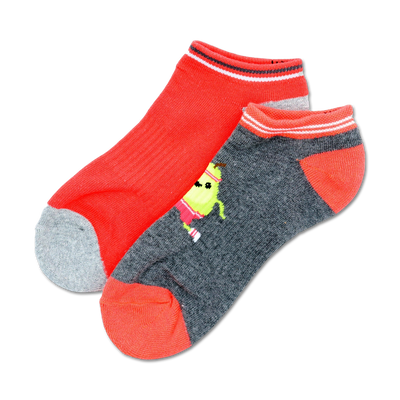 Two ankle socks; one coral, one gray with a cute cartoon pear design.  Both socks have coral and white stripes at the top.