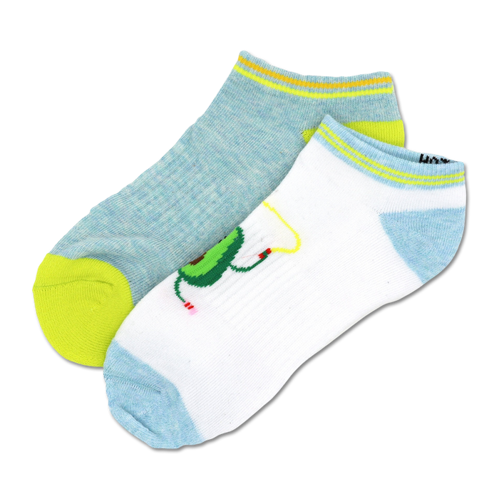  white and light blue avocado socks. jumping avocado on one side, green heel and toe on the other.   }}