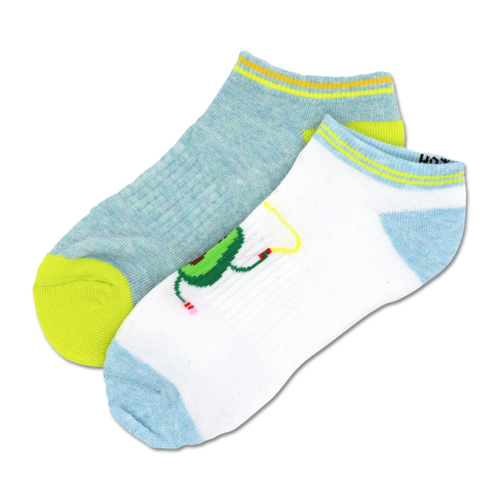 Two pairs of low-cut socks. One is light blue with a neon yellow heel and toe. The other is white with a light blue heel and toe and a cartoon avocado design. }}