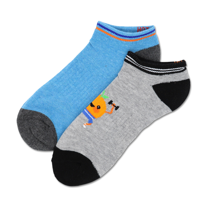 light blue and grey no show socks with cartoon orange lifting weights.    }}