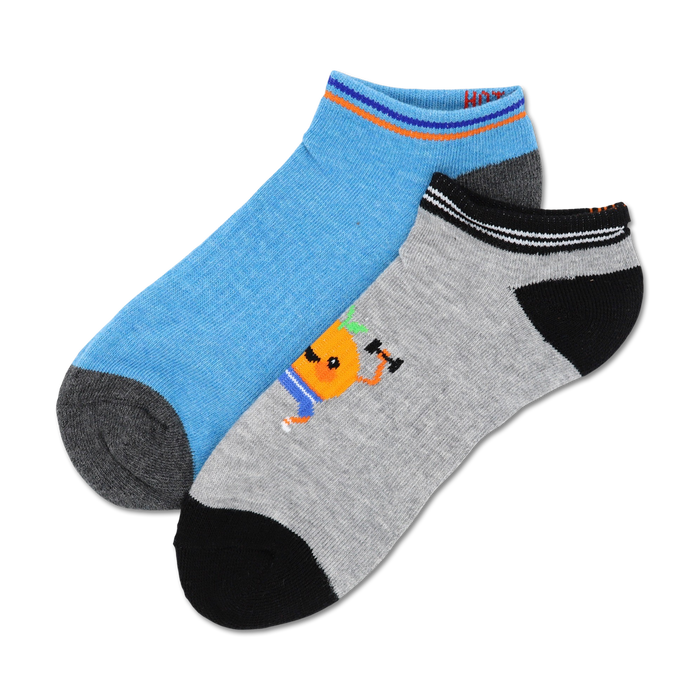 Two ankle socks; one light blue with gray heel and toe, the other gray with an orange weightlifting cartoon, black heel and toe. }}