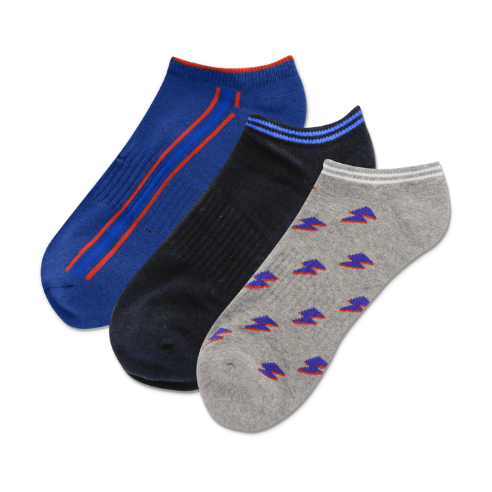 Three no-show socks: blue with red stripes, dark blue, and grey with purple lightning bolt pattern. }}