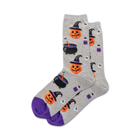 purple and gray witch pumpkin pattern socks for women in crew length.  