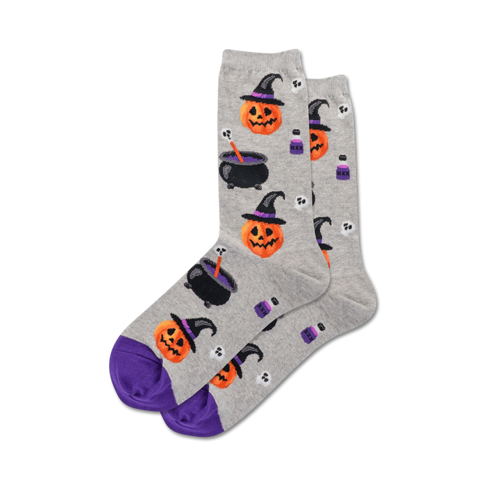 purple and gray witch pumpkin pattern socks for women in crew length.  