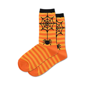 women's crew socks for halloween; orange & black striped with a dangling black spider with purple eyes.  
