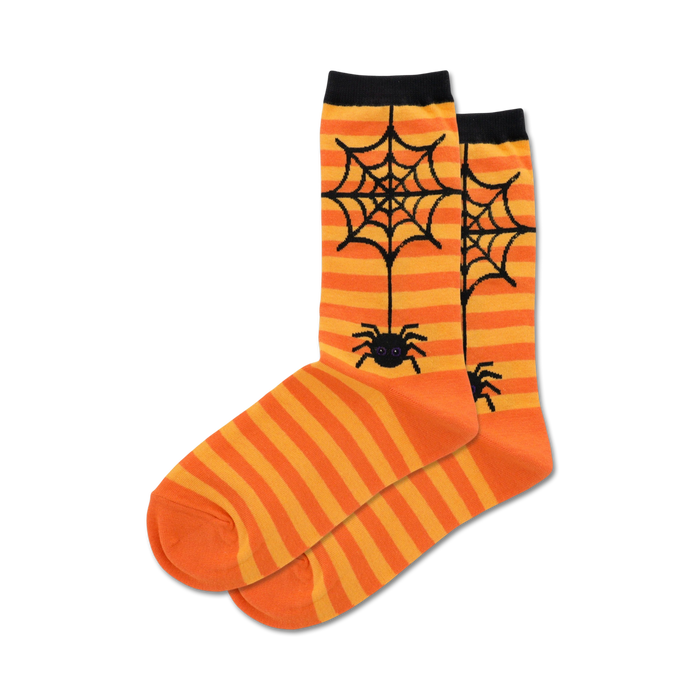 Pair of orange and black striped crew socks. Features a black spider and web design. }}