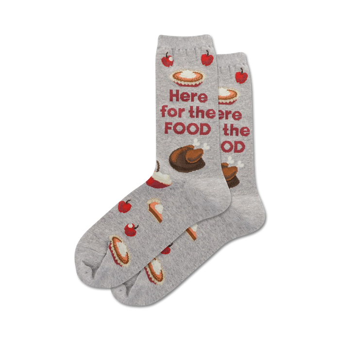   gray crew socks with thanksgiving-themed food pattern and 