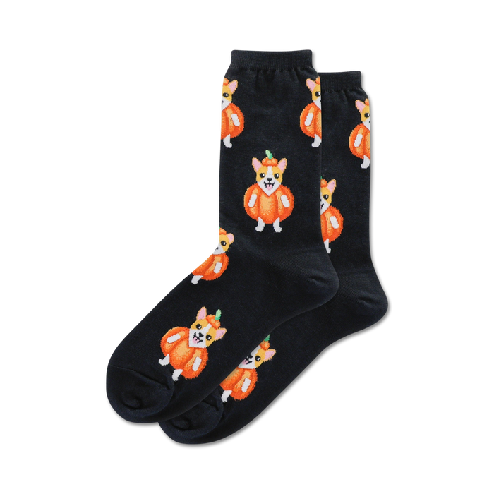 Pair of black crew socks with repeating pattern of orange pumpkins with corgi faces. Cute Halloween design! }}