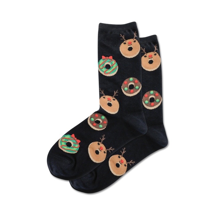 Pair of black crew socks adorned with festive images of Christmas donuts and reindeer faces in green, red, and brown. }}