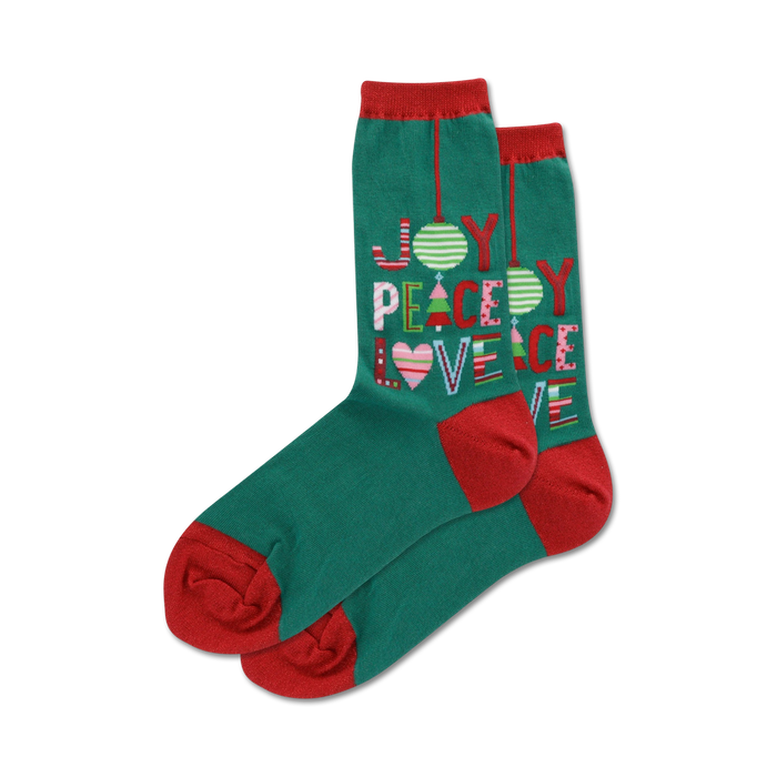 womens green crew socks with red and white 