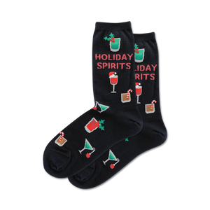 Pair of crew socks in navy blue and heather gray, showcasing a fun holiday cocktail design with red and green accents.