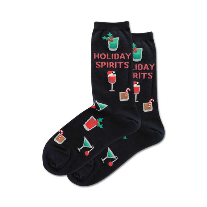 Pair of crew socks in navy blue and heather gray, showcasing a fun holiday cocktail design with red and green accents.