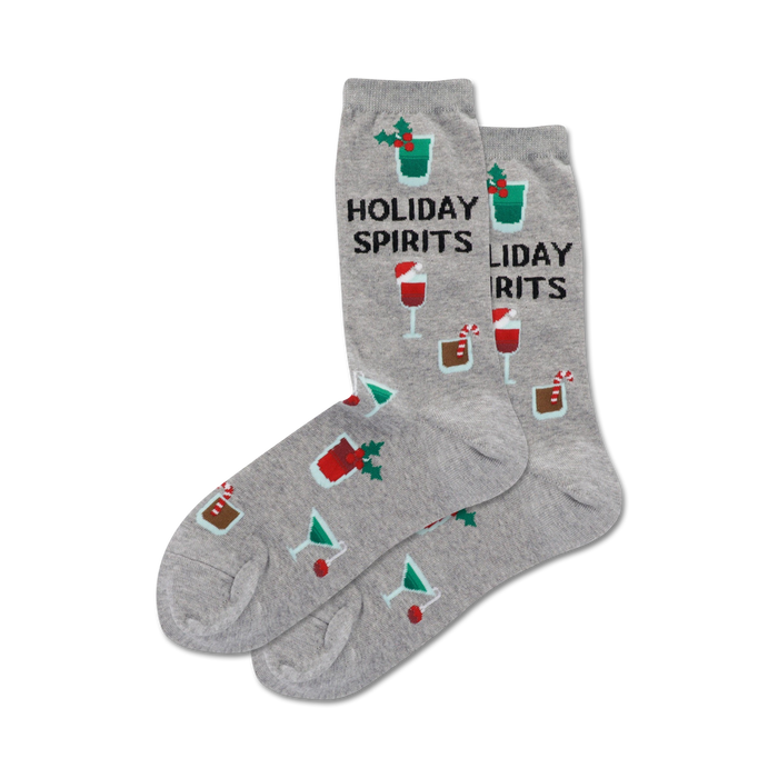 gray crew length women's holiday spirits socks with martini glasses, candy canes, and holly  