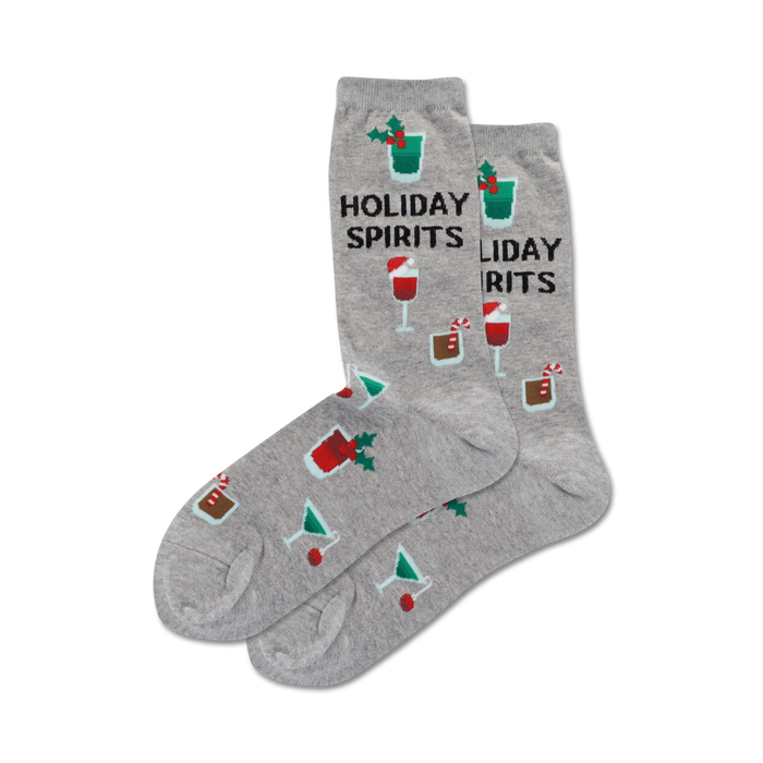 Lifestyle shot showing the gray 'Holiday Spirits' socks on a model's feet.