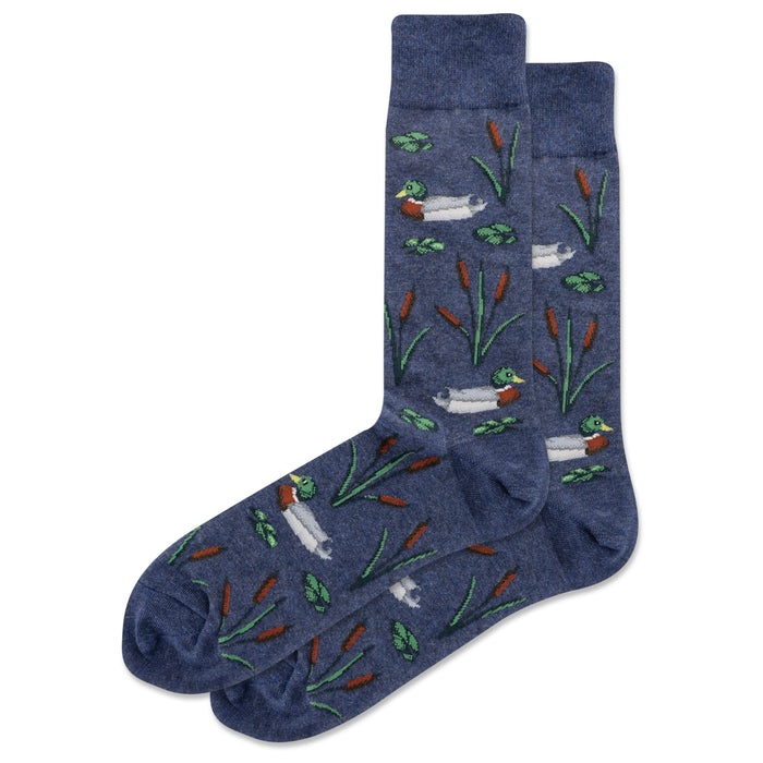 Pair of men's crew socks in navy blue. They feature a repeating pattern of mallard ducks, cattails, and lily pads. }}