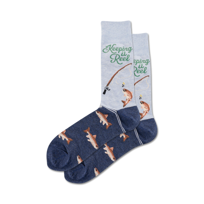 blue crew socks with brown and orange fish pattern and the words 